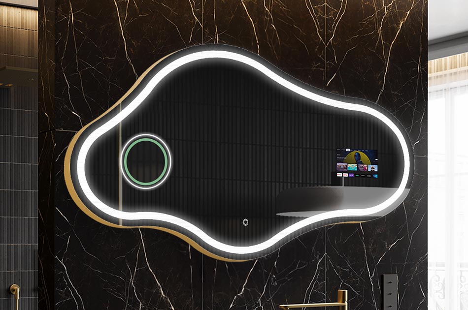 Nepravidelné LED zrcadlo s displejem počasí a dotykovým panelem | ARTFORMA