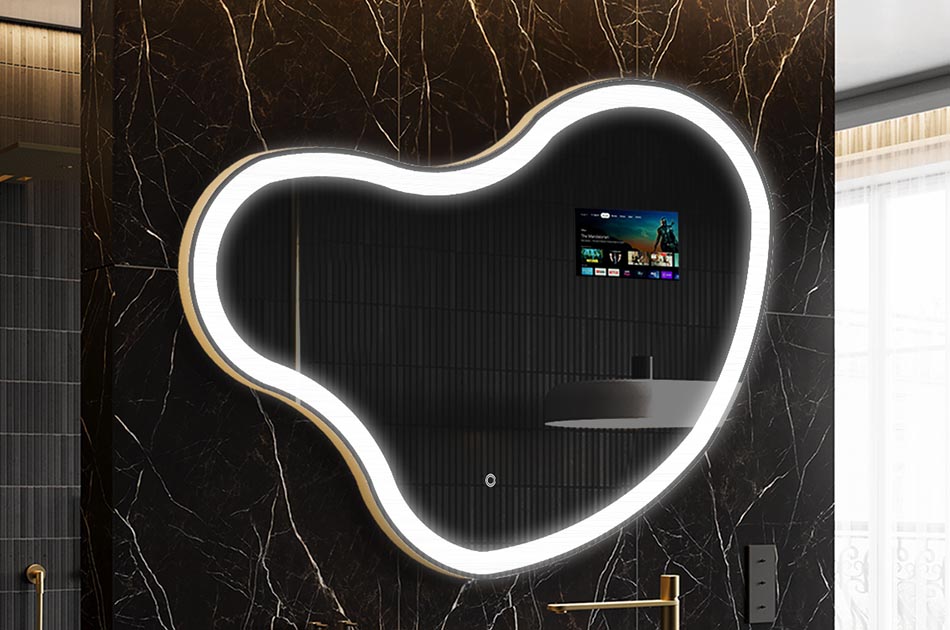 Nepravidelné LED zrcadlo s displejem počasí a dotykovým panelem | ARTFORMA