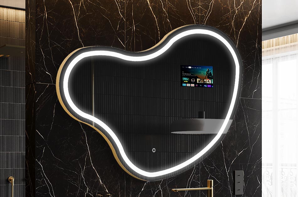 Nepravidelné LED zrcadlo s displejem počasí a dotykovým panelem | ARTFORMA