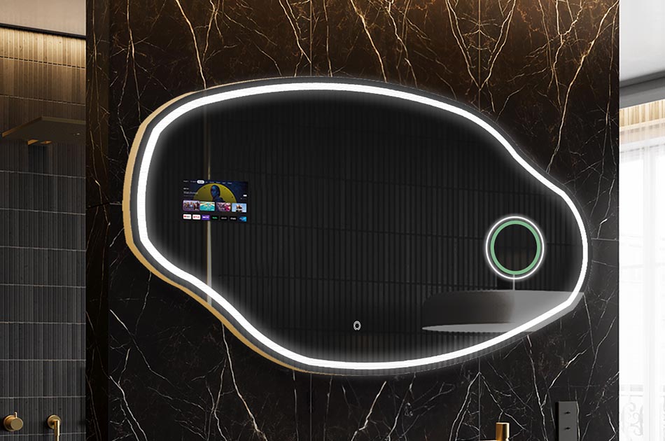 Nepravidelné LED zrcadlo s displejem počasí a dotykovým panelem | ARTFORMA