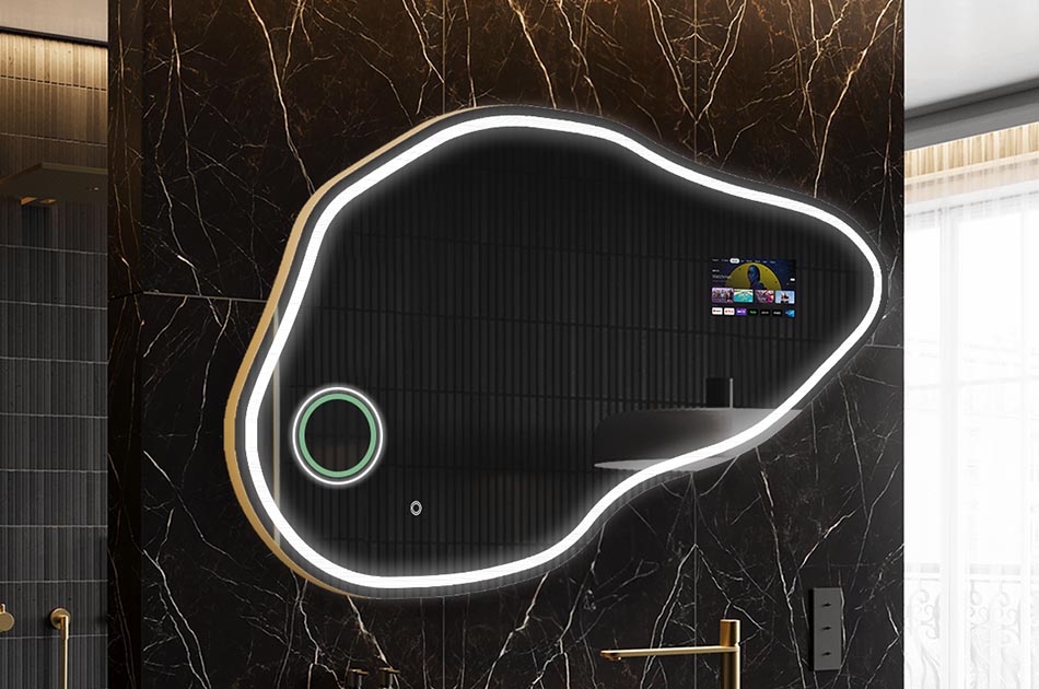 Nepravidelné LED zrcadlo s displejem počasí a dotykovým panelem | ARTFORMA