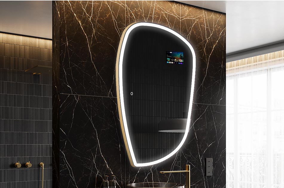 Nepravidelné LED zrcadlo s displejem počasí a dotykovým panelem | ARTFORMA