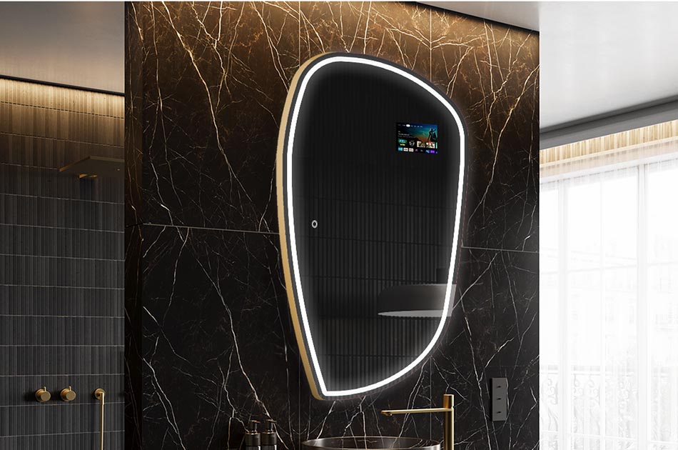 Nepravidelné LED zrcadlo s displejem počasí a dotykovým panelem | ARTFORMA