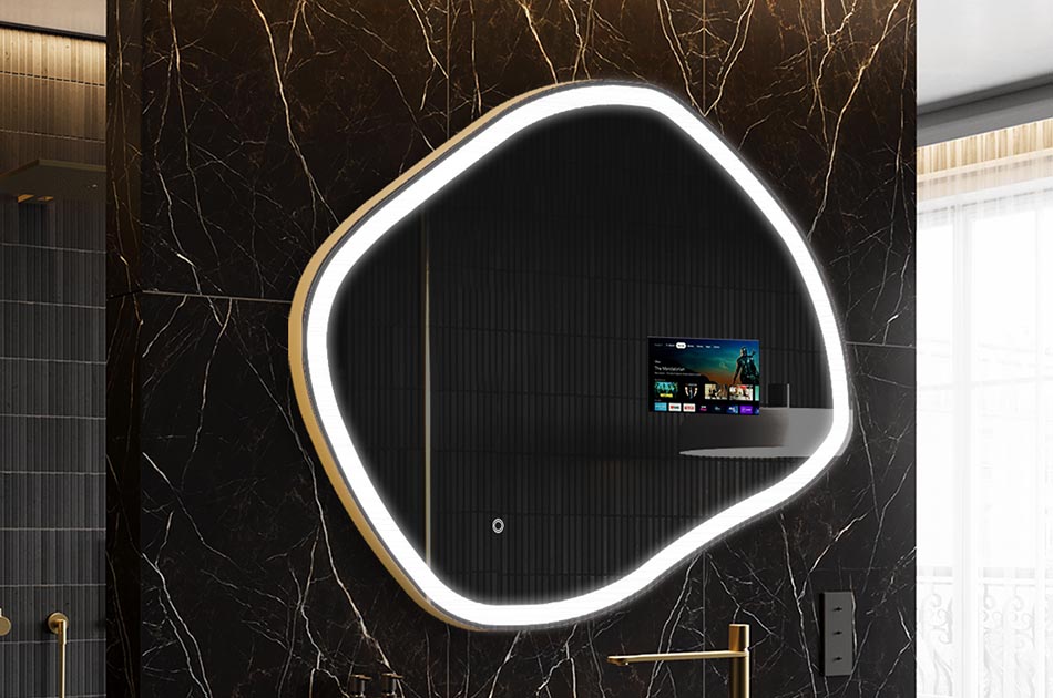 Nepravidelné LED zrcadlo s displejem počasí a dotykovým panelem | ARTFORMA