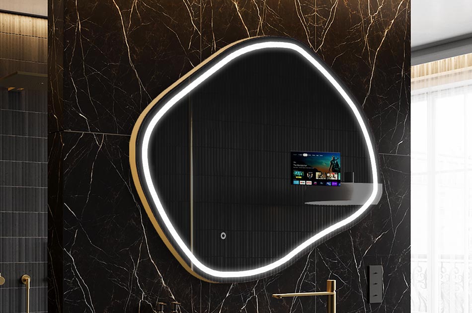 Nepravidelné LED zrcadlo s displejem počasí a dotykovým panelem | ARTFORMA