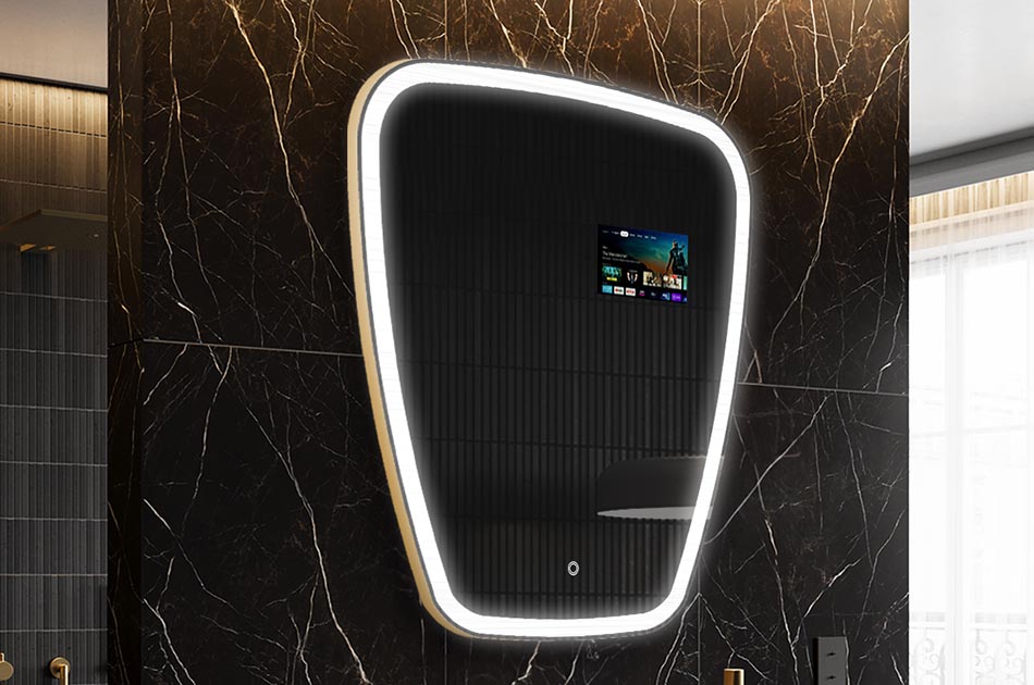 Nepravidelné LED zrcadlo s displejem počasí a dotykovým panelem | ARTFORMA
