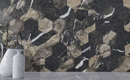 Velkoformátová keramická dlaždice 120 × 280 cm, černá, lesklá, se zlatými žilkami, rektifikovaná, A4H195 Pierre Black