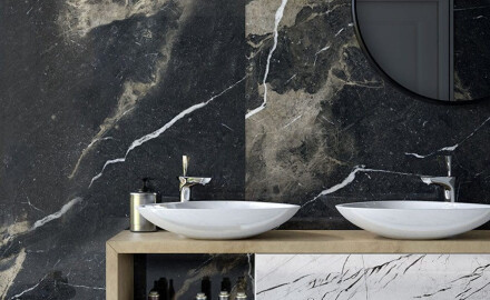 Velkoformátová keramická dlaždice 120 × 270 cm, černá matná se zlatými žilkami, rektifikovaná, A4H196 Pierre Black