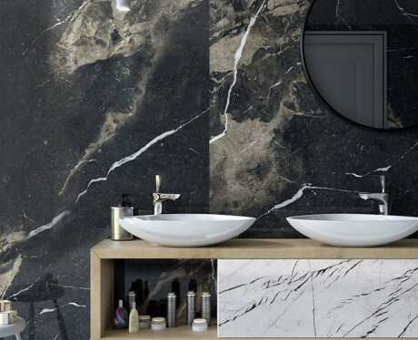 Velkoformátová keramická dlaždice 120 × 270 cm, černá matná se zlatými žilkami, rektifikovaná, A4H196 Pierre Black