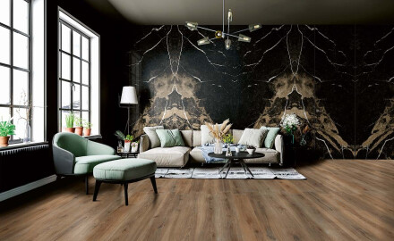 Velkoformátová porcelánová dlaždice na podlahu 120 × 280 cm, Bookmatch, černá, lesklá, se zlatými žilkami, rektifikovaná, A4H203 Pierre Black