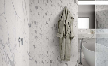 Glazovaná dlažba 120 × 280 cm, matná, se šedými žilkami, rektifikovaná, A4H452 Statuario Superiore
