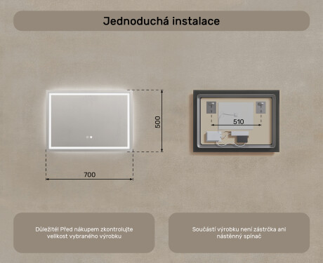 Koupelnové zrcadlo 70x50cm s LED podsvícením s Dual color, Vypínač dotykový, Topná rohož - L49 #8