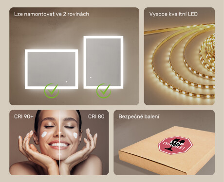Obdélníkové koupelnové zrcadlo s osvětlením LED 80x60cm s Dual color, Vypínač dotykový #5