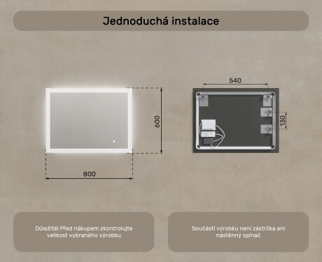 Obdélníkové koupelnové zrcadlo s osvětlením LED 80x60cm s Dual color, Vypínač dotykový #7
