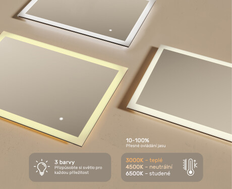 Obdélníkové zrcadlo do koupelny s LED osvětlením 100x70cm s Dual color, Vypínač dotykový #3