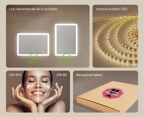 Obdélníkové zrcadlo do koupelny s LED osvětlením 100x70cm s Dual color, Vypínač dotykový #5