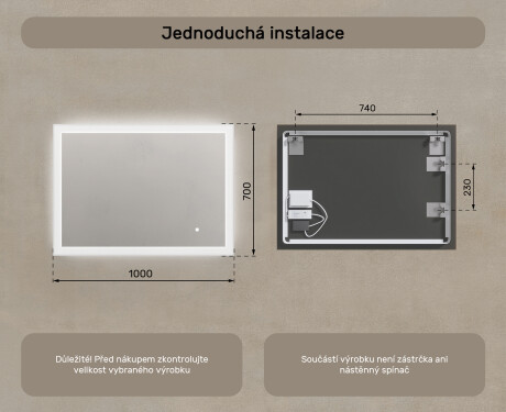 Obdélníkové zrcadlo do koupelny s LED osvětlením 100x70cm s Dual color, Vypínač dotykový #7