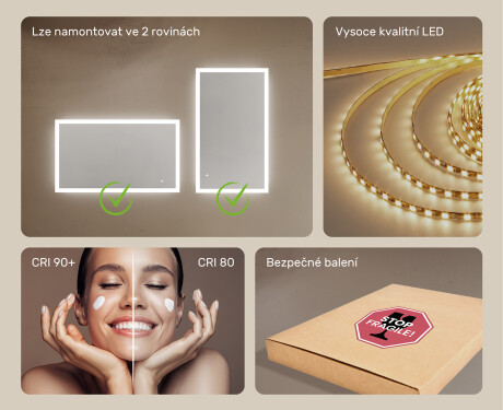 Obdélníkové zrcadlo do koupelny s LED osvětlením 120x70cm s Dual color, Vypínač dotykový #5