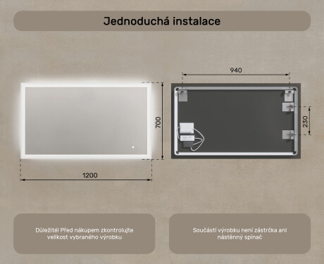 Obdélníkové zrcadlo do koupelny s LED osvětlením 120x70cm s Dual color, Vypínač dotykový #7
