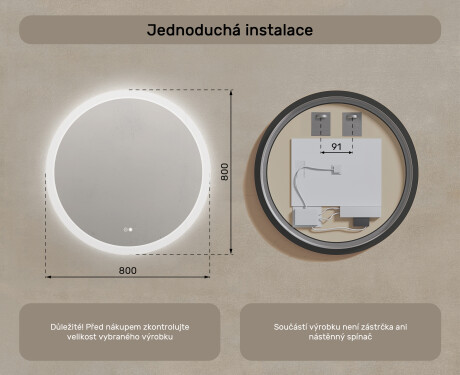 kulaté zrcadlo do koupelny s osvětlením LED 80cm s Dual color, Vypínač dotykový, Topná rohož #8