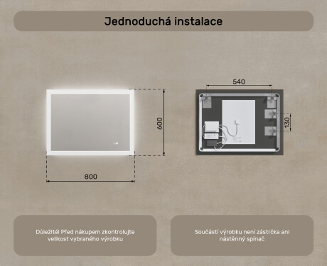 Obdélníkové koupelnové zrcadlo s osvětlením LED 80x60cm s Dual color, Vypínač dotykový, Topná rohož #8