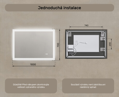 Obdélníkové koupelnové zrcadlo s osvětlením LED 100x70cm s Dual color, Vypínač dotykový, Topná rohož #8