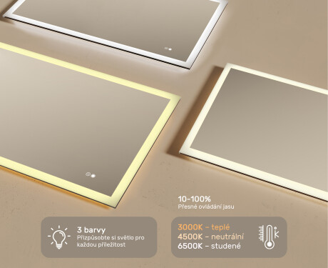 Obdélníkové zrcadlo do koupelny s LED osvětlením 120x70cm s Dual color, Vypínač dotykový, Topná rohož #3