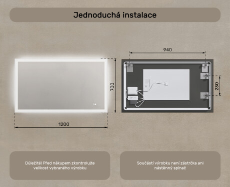 Obdélníkové zrcadlo do koupelny s LED osvětlením 120x70cm s Dual color, Vypínač dotykový, Topná rohož #8