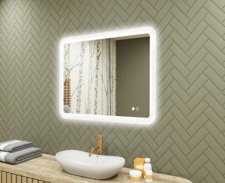 Zaoblené koupelnové zrcadlo s LED osvětlením, 80×60 cm, dvojbarevné, dotykový spínač, topná podložka