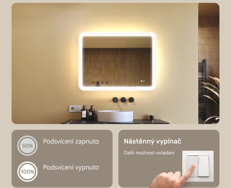 Zaoblené koupelnové zrcadlo s LED osvětlením, 80×60 cm, dvojbarevné, dotykový spínač, topná podložka #4