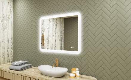 Zaoblené koupelnové zrcadlo s LED osvětlením, 80×60 cm, dvojbarevné, dotykový spínač, topná podložka