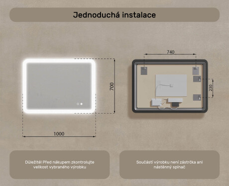 Zaoblené koupelnové zrcadlo s LED osvětlením, 100×70 cm, dvojbarevné, dotykový spínač, topná podložka #8