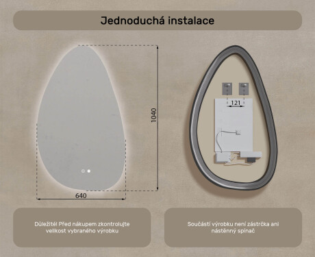 Neregulární zrcadlo s osvětlením, 64×104 cm, dvojbarevné, dotykový spínač, topná podložka #8