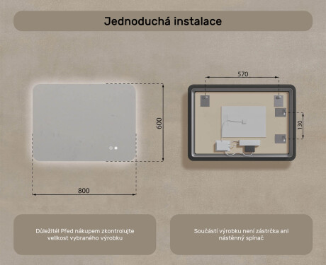 Zaoblené koupelnové zrcadlo s LED osvětlením, 80×60 cm, dvojbarevné, dotykový spínač, topná podložka #8