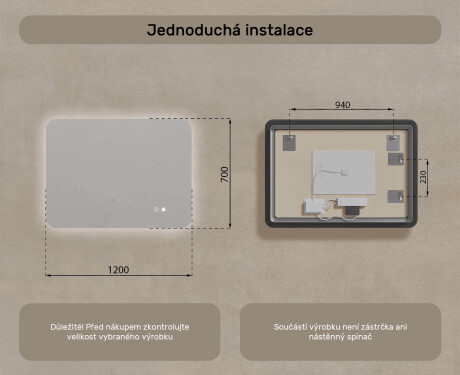 Zaoblené koupelnové zrcadlo s LED osvětlením, 120×70 cm, dvojbarevné, dotykový spínač, topná podložka #8
