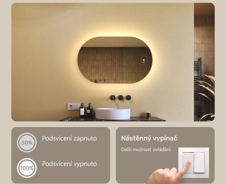 Oválné zrcadlo s LED podsvícením 80x50/50x80 cm, duální barva, dotykový spínač, vyhřívací podložka #4