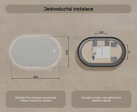 Oválné zrcadlo s LED podsvícením 80x50/50x80 cm, duální barva, dotykový spínač, vyhřívací podložka #8