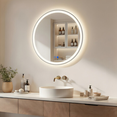 Kulaté LED podsvícené zrcadlo - 60/80 cm ve stříbrném hliníkovém rámu #1