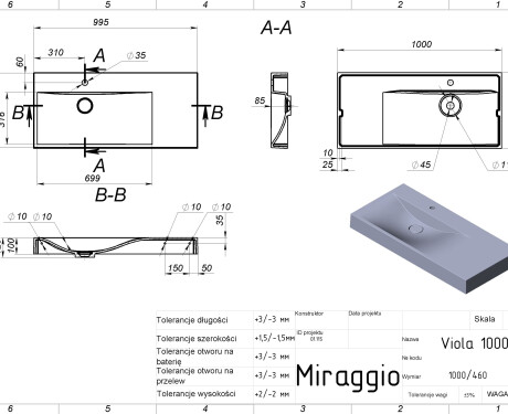 Umyvadlo VIOLA 1000 L MATT