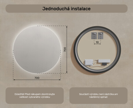 Kulaté zrcadlo s LED osvětlením 70cm s chladnou barvou LED 7000K, teplou barvou 3000K nebo neutrální barvou 4500K #7