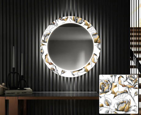 Kulaté Dekorativní zrcadlo s LED osvětlením do předsíně - Golden Flowers