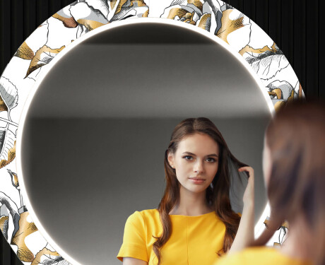 Kulaté Dekorativní zrcadlo s LED osvětlením do předsíně - Golden Flowers #12
