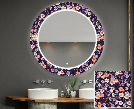 Kulaté dekorativní zrcadlo s LED osvětlením do koupelny - Elegant Flowers