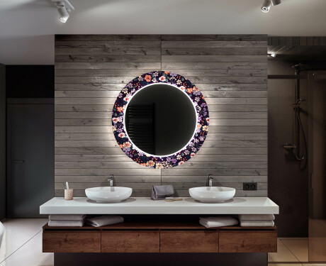 Kulaté dekorativní zrcadlo s LED osvětlením do koupelny - Elegant Flowers #12