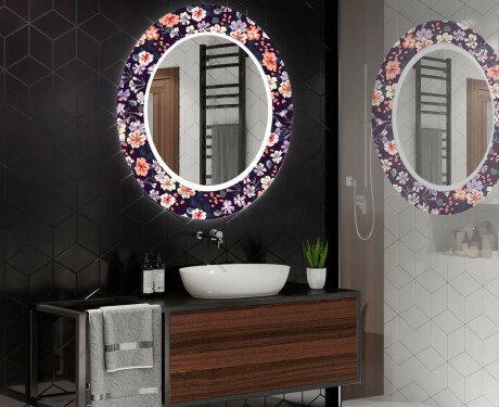 Kulaté dekorativní zrcadlo s LED osvětlením do koupelny - Elegant Flowers #2