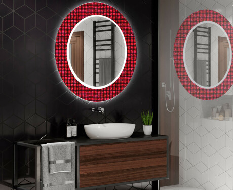Kulaté dekorativní zrcadlo s LED osvětlením do koupelny - Red Mosaic #2
