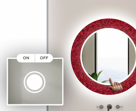 Kulaté dekorativní zrcadlo s LED osvětlením do koupelny - Red Mosaic #4