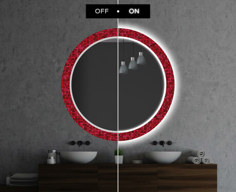 Kulaté dekorativní zrcadlo s LED osvětlením do koupelny - Red Mosaic #7