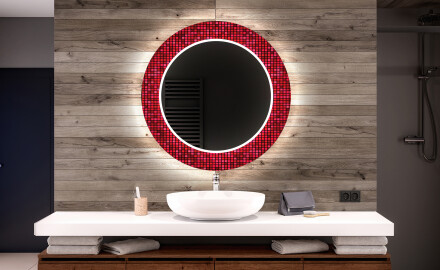 Kulaté dekorativní zrcadlo s LED osvětlením do koupelny - Red Mosaic
