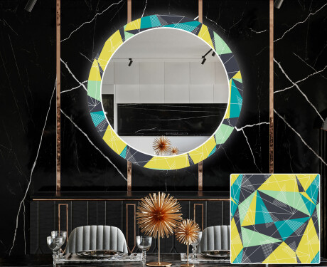 Kulaté Dekorativní zrcadlo s LED osvětlením do jídelny - Abstract Geometric
